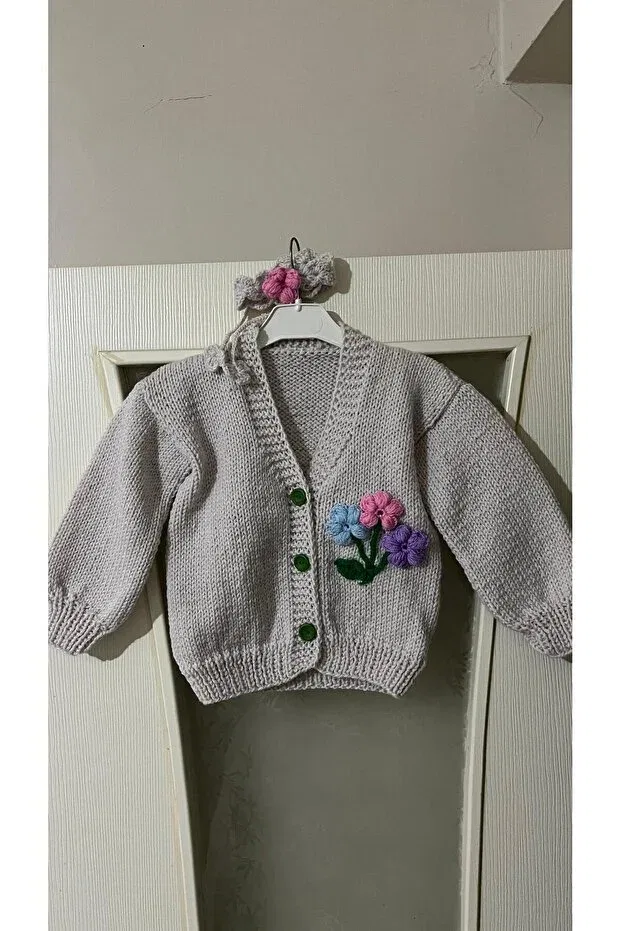 Детский кардиган с V-образным вырезом Hand knitted kids cardigan El Örgüsü Cici Bebe, Pebble — фото 2