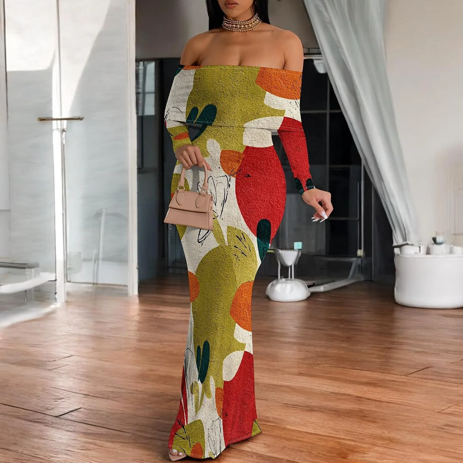 Женское летнее платье макси с принтом Off Shoulder, Multicoloured — фото 3