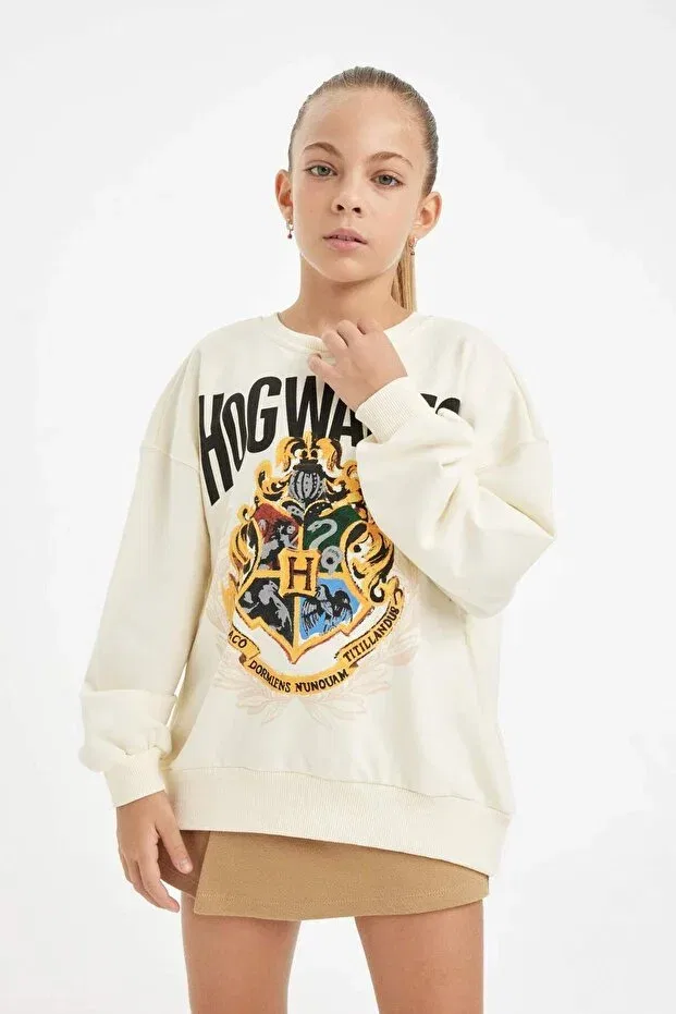 Детские свитшот для девочек оверсайз с принтом Harry Potter Oversize Wide Fit Crew Neck Defacto, Ekru-Er99 — фото 4