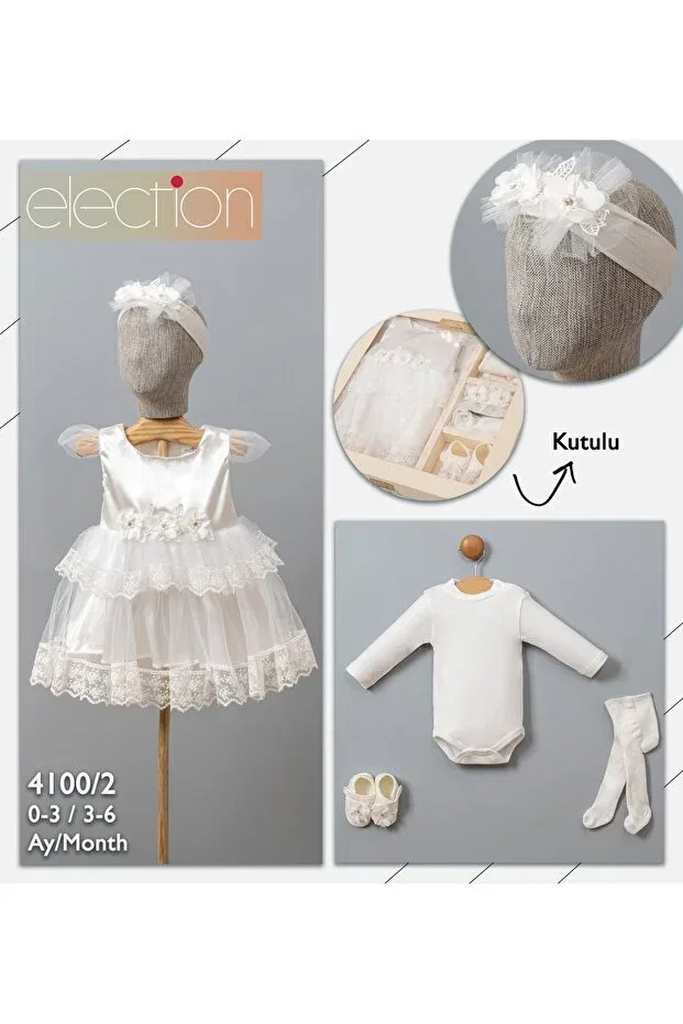 Детское платье для девочек с длинным рукавом Mevlutluk Tulle Skirted Baby Dress Princess Dress Election, White