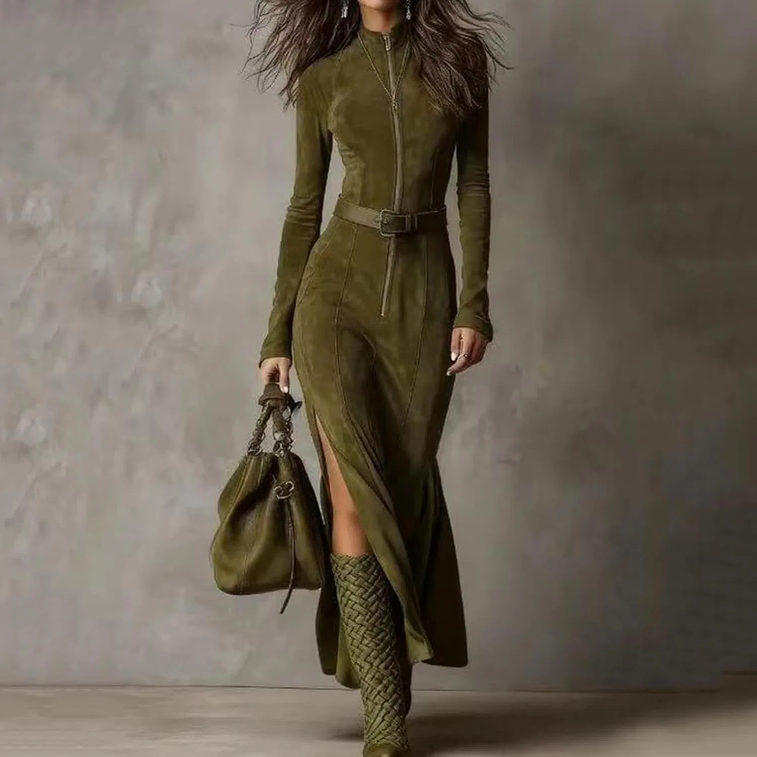 Женское мини-платье вестерн из вельвета с поясом, Army Green — фото 2