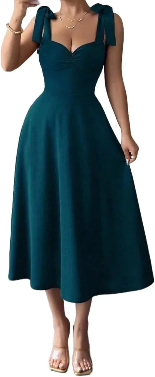 Женское элегантное cami платье с узлом на талии Knee Length A-Line, Teal Blue