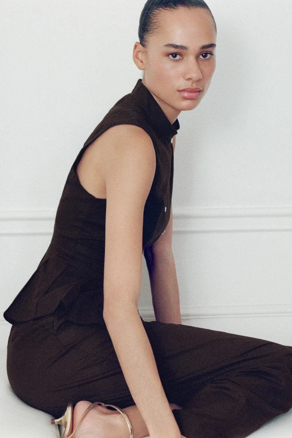 Рубашка без рукавов из смеси льна ZARA, Brown — фото 3