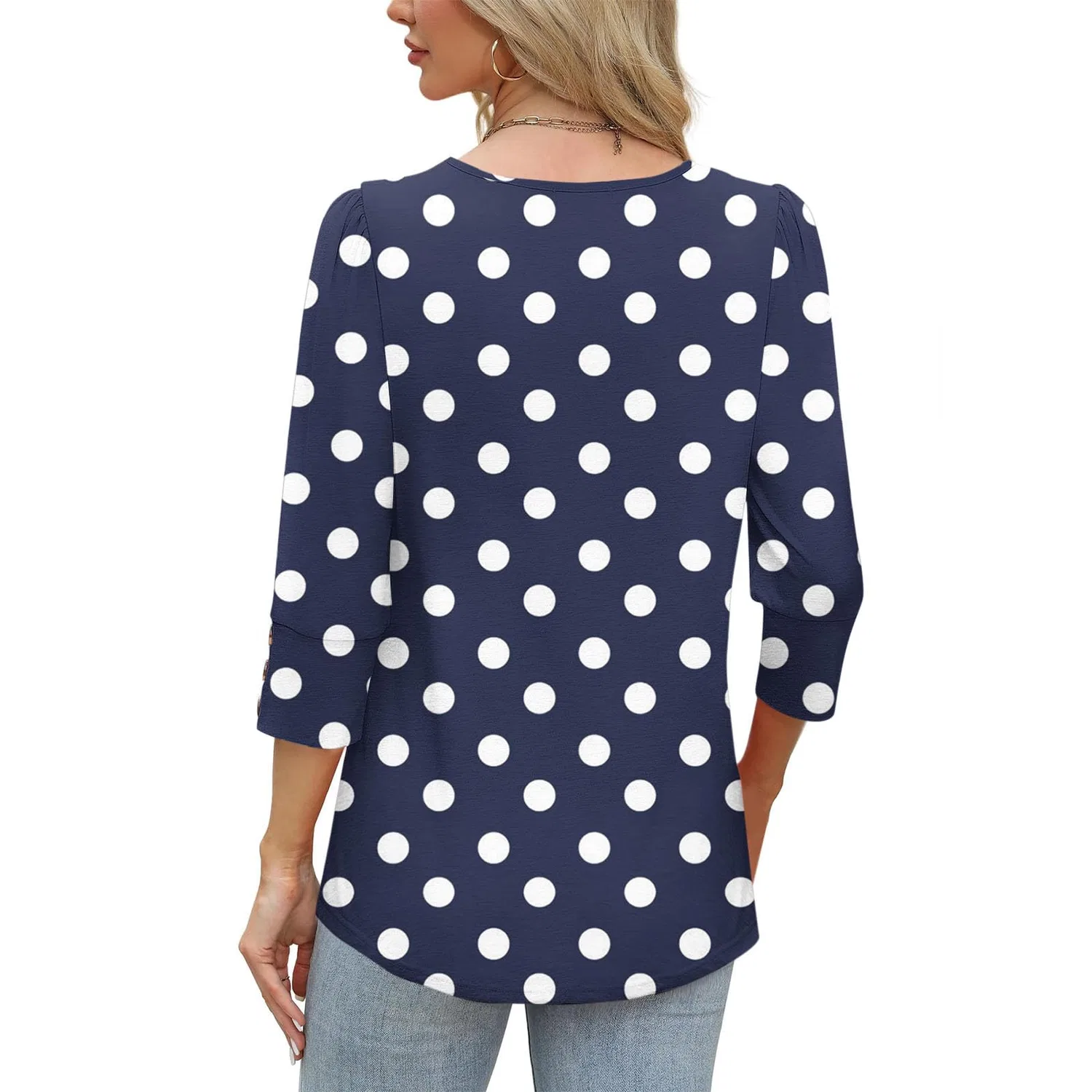 Женская блуза с принтом в горошек Women Tops Comfortable Autumn Winter Lounge T-Shirt 3/4 Sleeve Casual Loose Buttons Blouse Holiday Round Neck Polka Dot Shirts Basic Tunic Tops For Leggings, 01 Navy Blue — фото 2