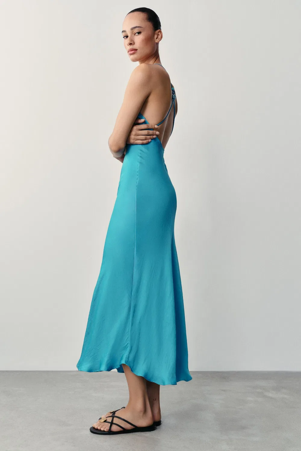 Атласное платье с расшитой бисером спинкой ZARA, Turquoise — фото 4