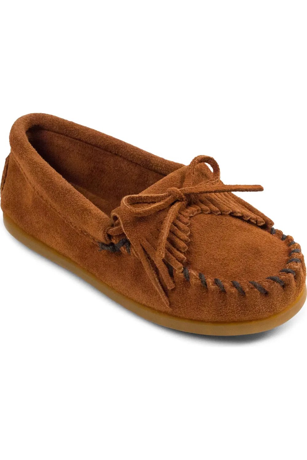 Детские мокасины с бахромой и отстрочкой Kilty Driving Shoe Minnetonka, коричневый