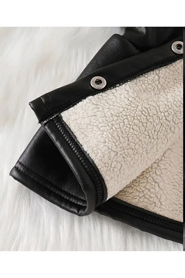 Детское пальто для девочек из искусственной кожи с меховой подкладкой Shop, Black — фото 3