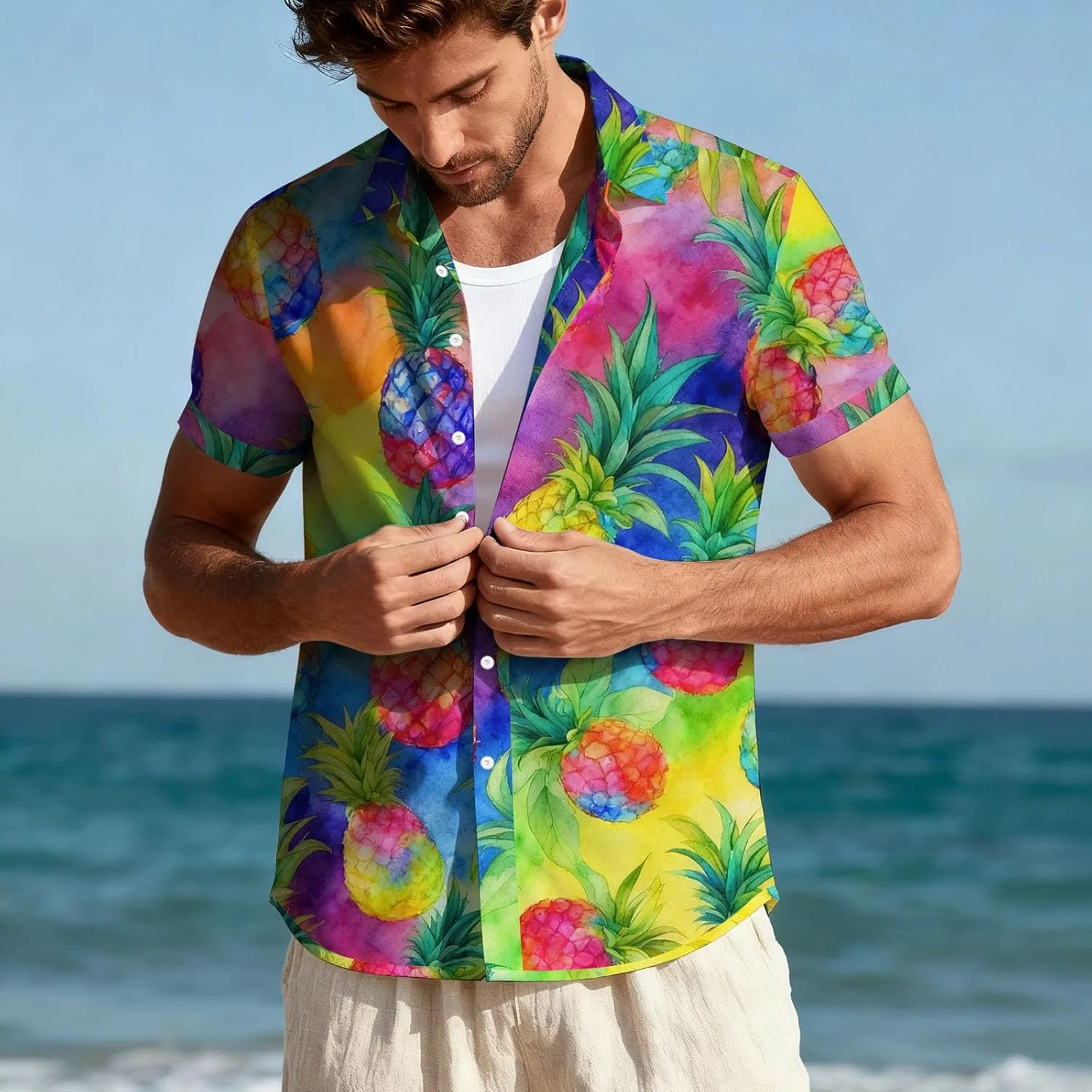 Мужская гавайская рубашка с принтом пальм и ананасов Button Down Casual Tee, Multicolor — фото 2