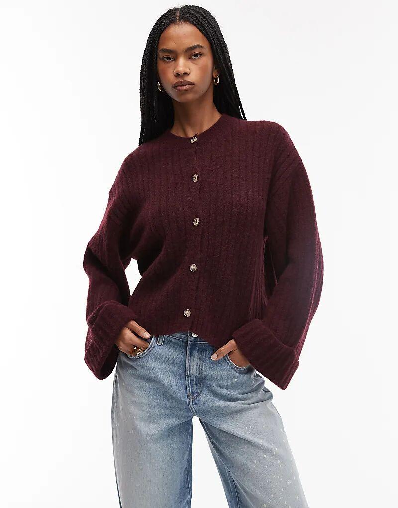 

Вязаный кардиган ASOS DESIGN с отворотами из шерсти в винном цвете