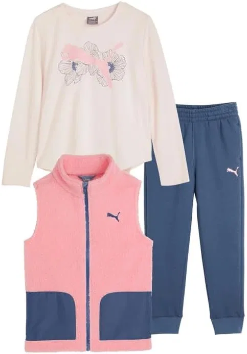 Детский спортивный костюм из 3 предметов PUMA, жилет, футболка, джоггер, Pink — фото 2