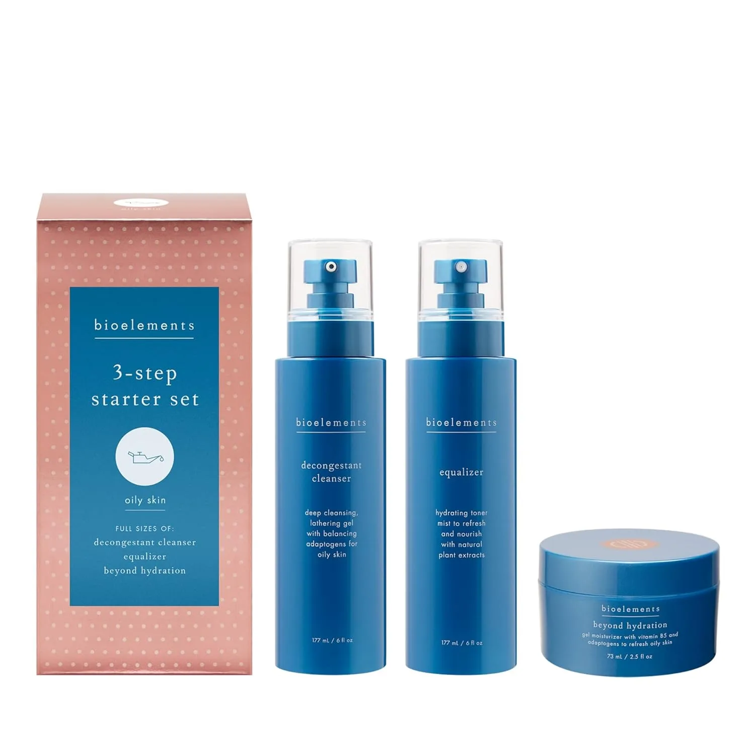 Стартовый набор Bioelements из 3 шагов: для жирной кожи - включает очищающее средство с противоотечным эффектом, тоник Equalizer и увлажняющий крем Beyond Hydration.