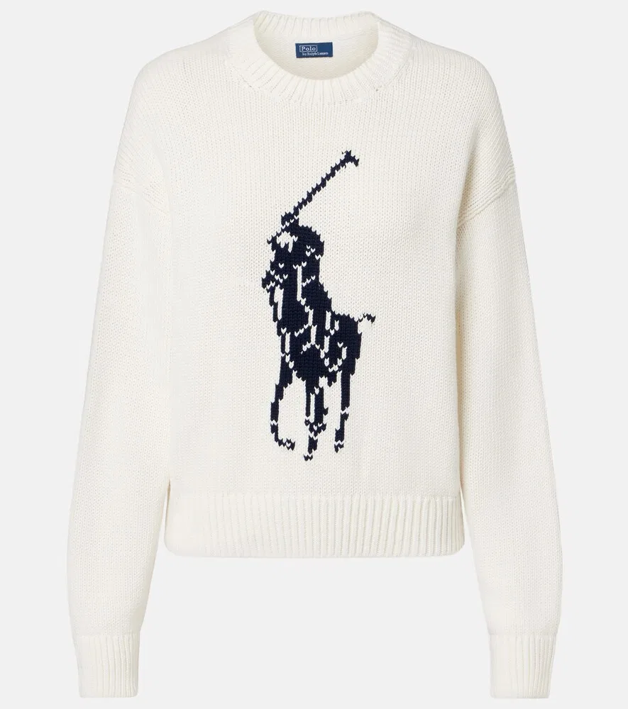 Хлопковый свитер с интарсией «Большой пони» Polo Ralph Lauren, белый