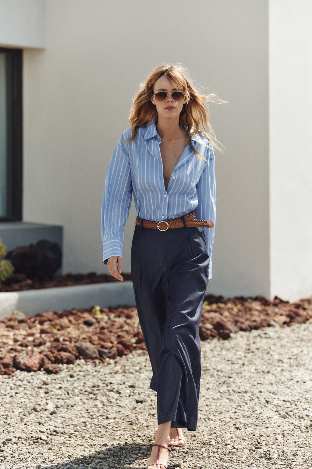 

Широкие брюки с поясом ZARA, цвет Indigo