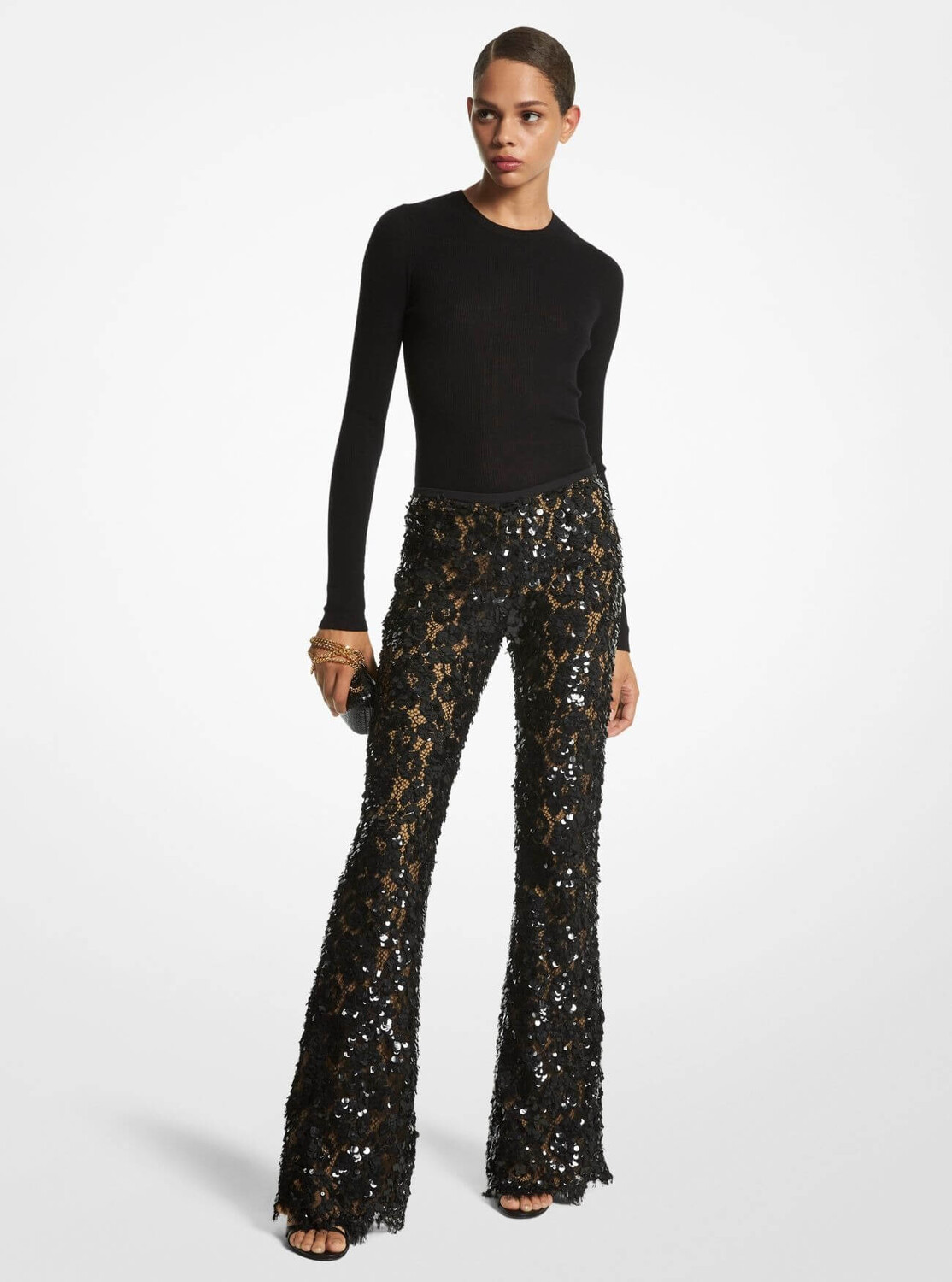 

Брюки Michael Kors Hand-Embroidered Paillette Floral Lace, черный