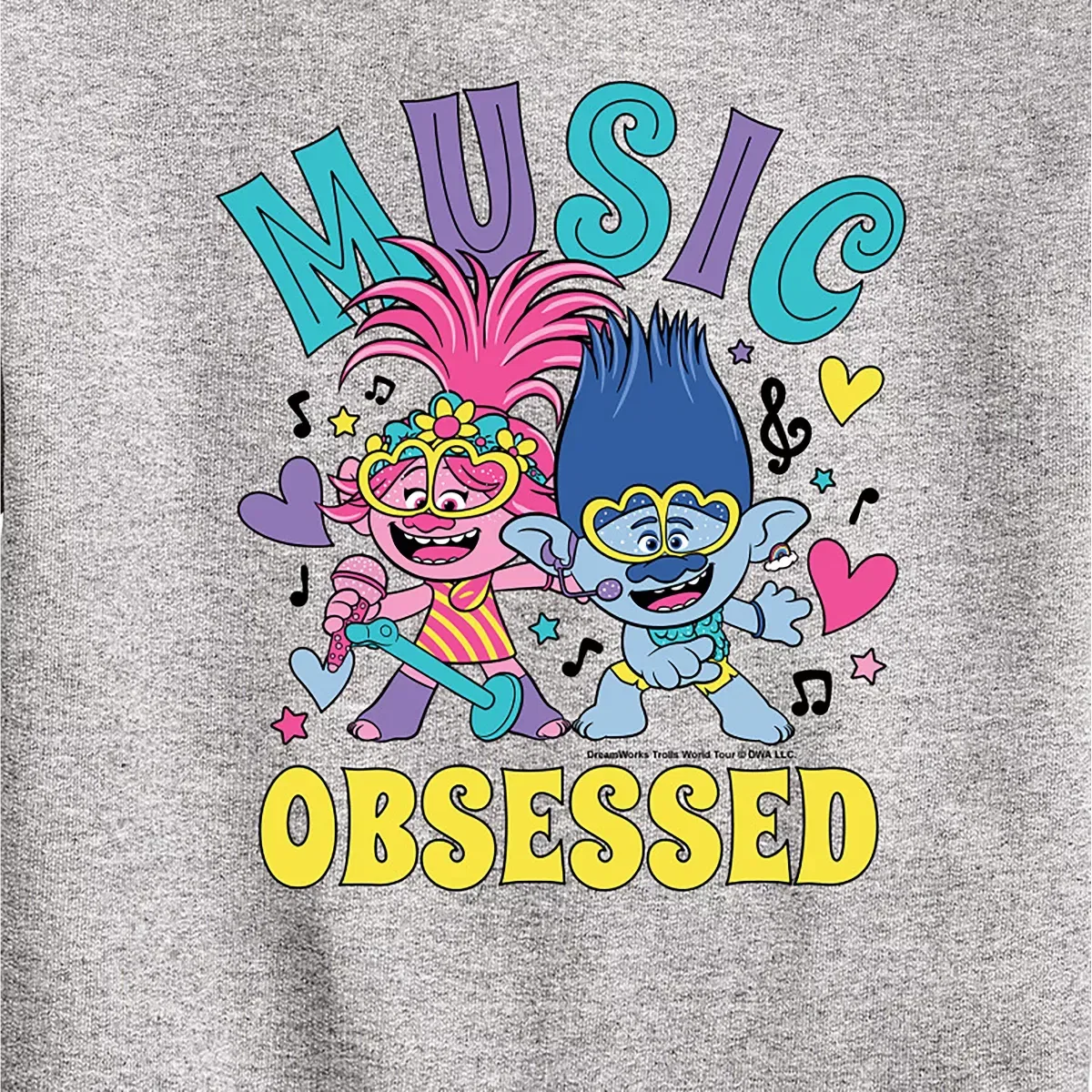 Детский свитшот с принтом Music Obsessed Poppy and Branch Trolls, Athletic Heather — фото 2