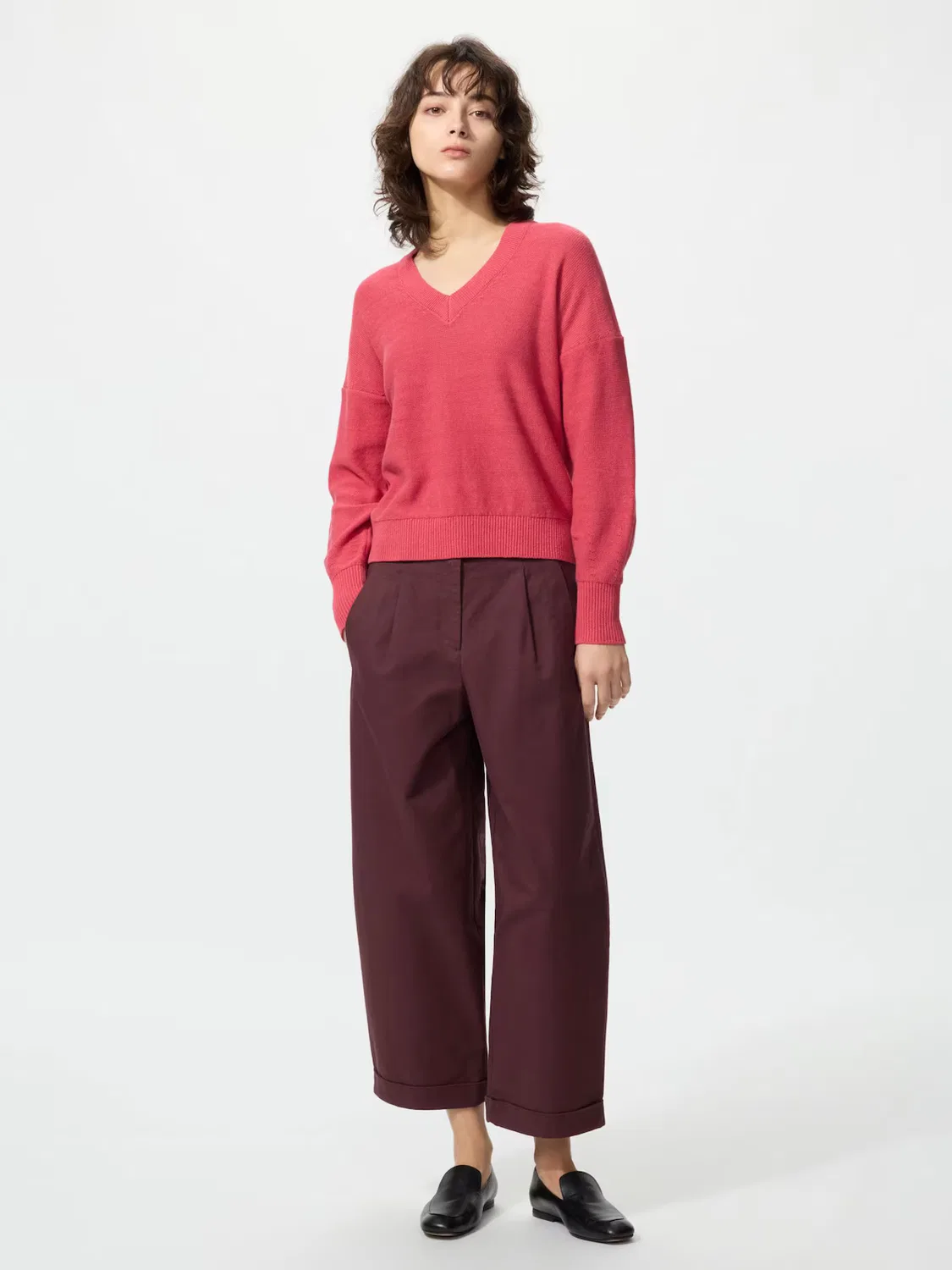 Свитер Uniqlo Льняной с V-образным вырезом, красный — фото 2