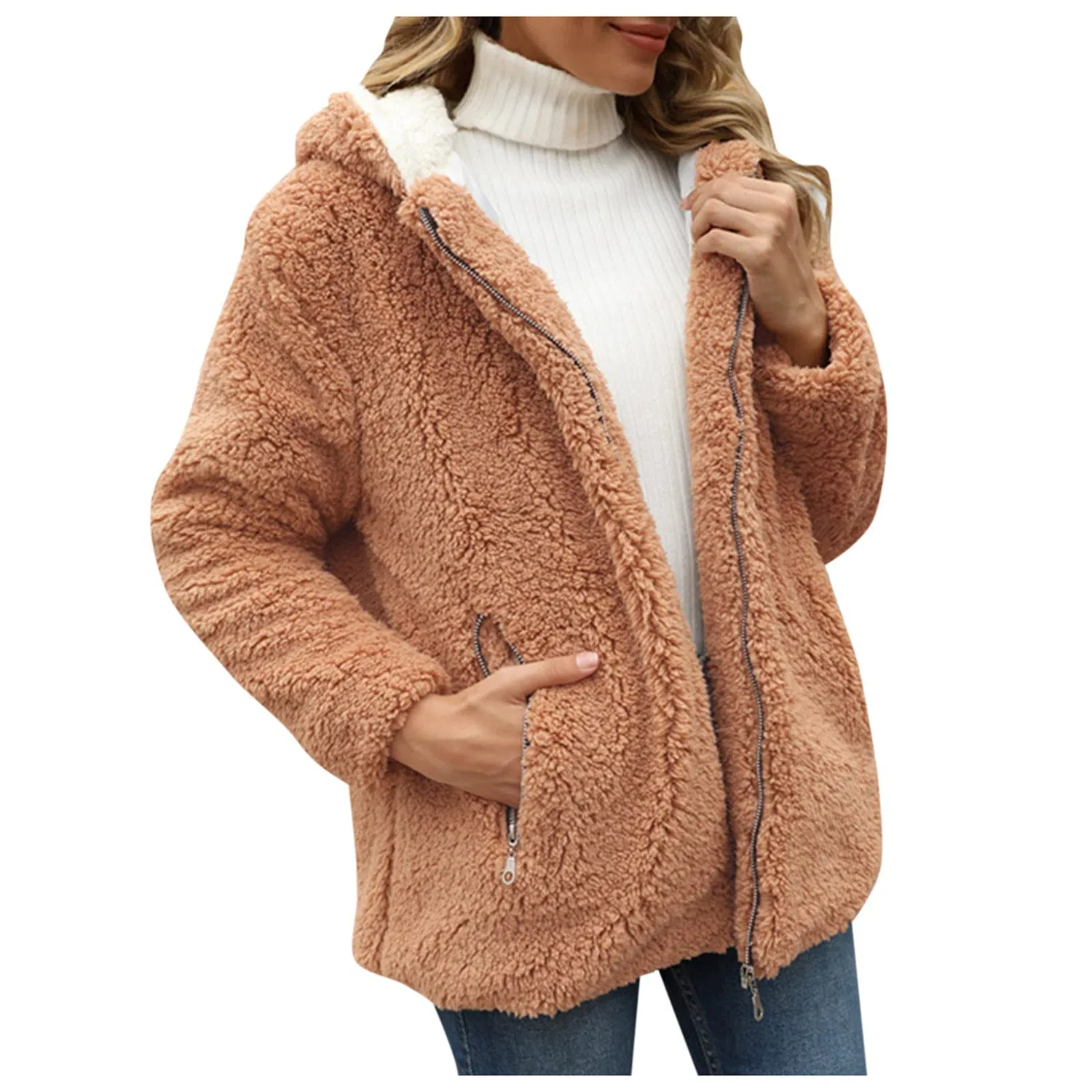 Женское зимнее пальто с капюшоном, длинным рукавом и молнией, Beige