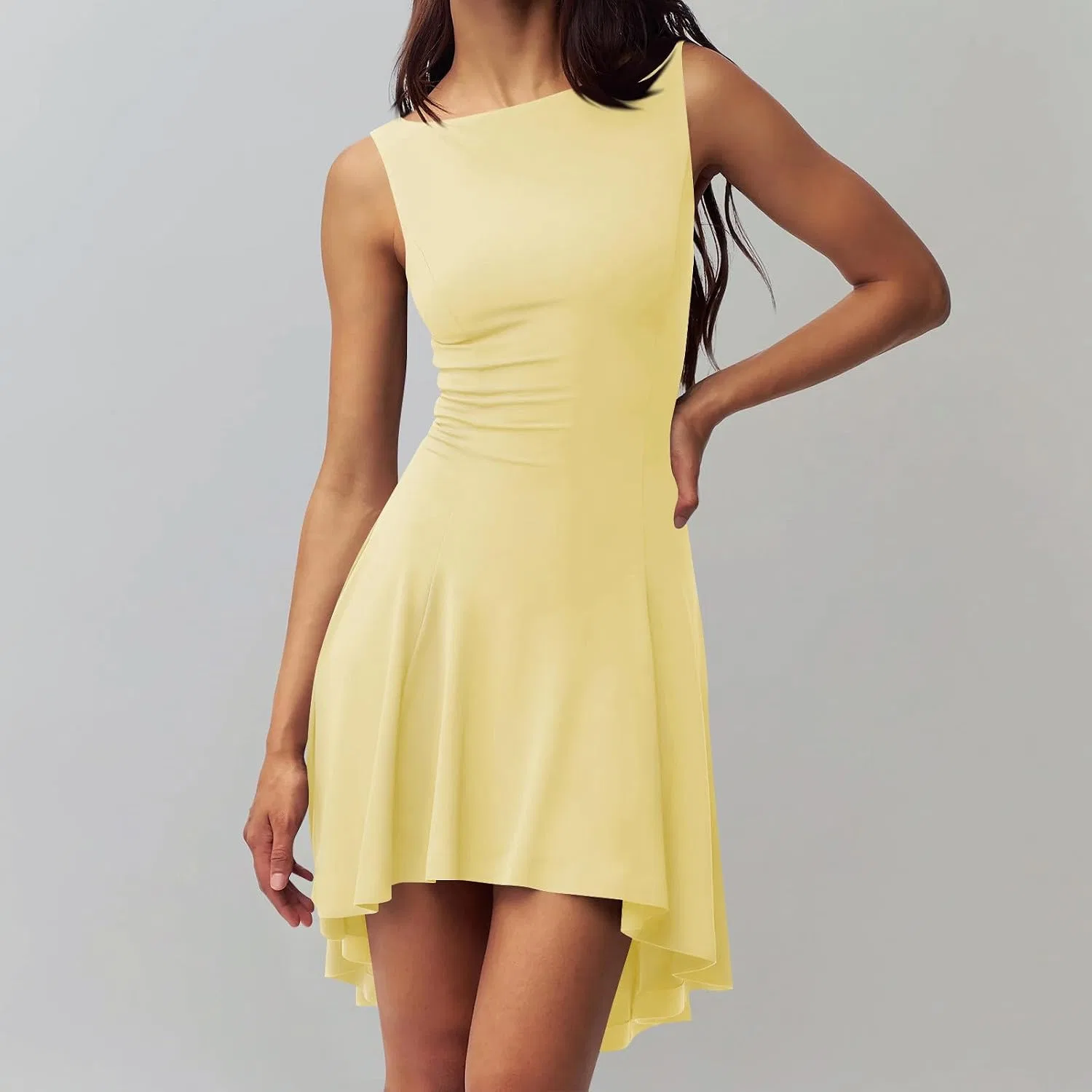 Женское коктейльное мини-платье А-силуэта с лодочкой, Yellow — фото 3