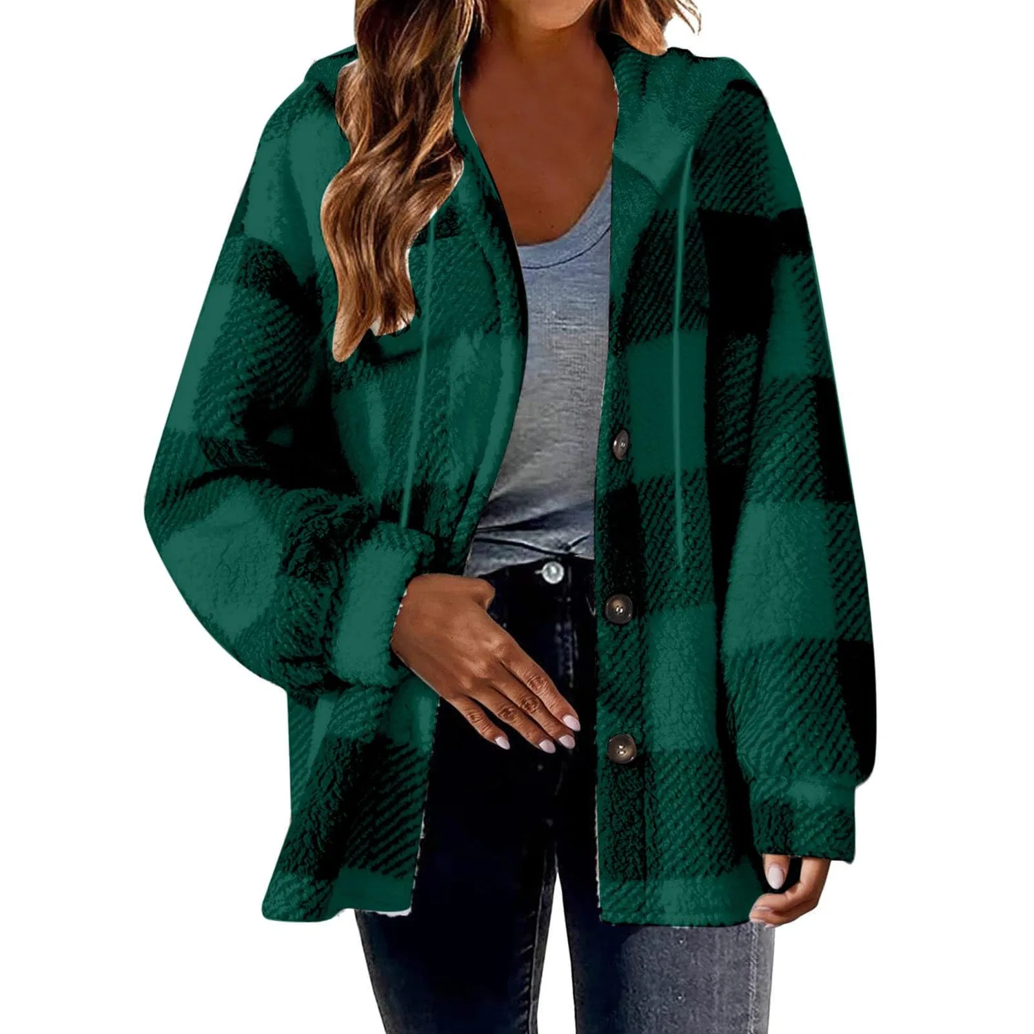 Женское пальто из флиса с поясом, green