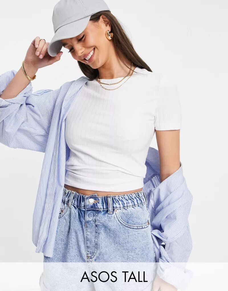 

Белая приталенная футболка в рубчик ASOS DESIGN Tall