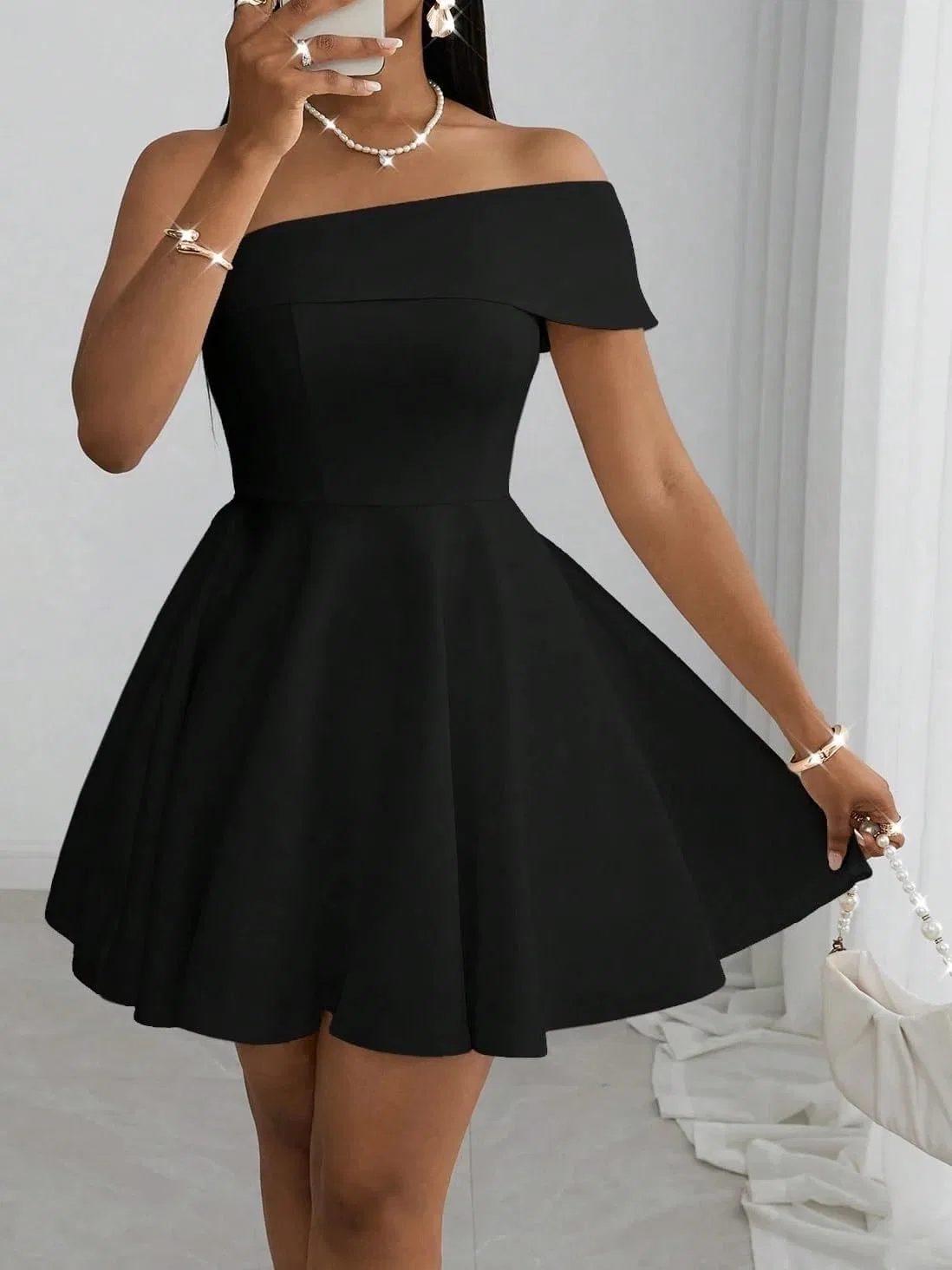 Женское повседневное платье A-line мини с открытыми плечами, Black — фото 4