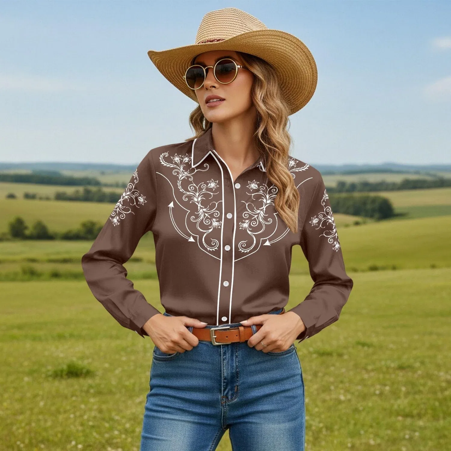 Женская блузка с принтом Cowboy Print, короткий рукав, Brown — фото 2