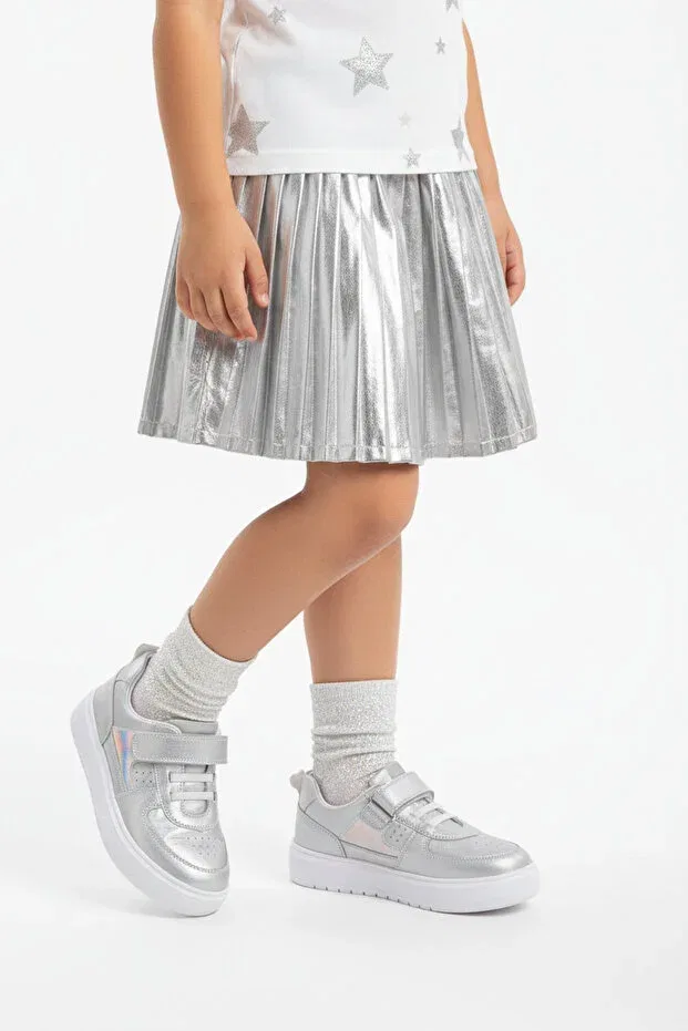 Детские туфли для девочек кожаные с ортопедической стелькой Rolly single velcro leather Kids A More, Silver — фото 2