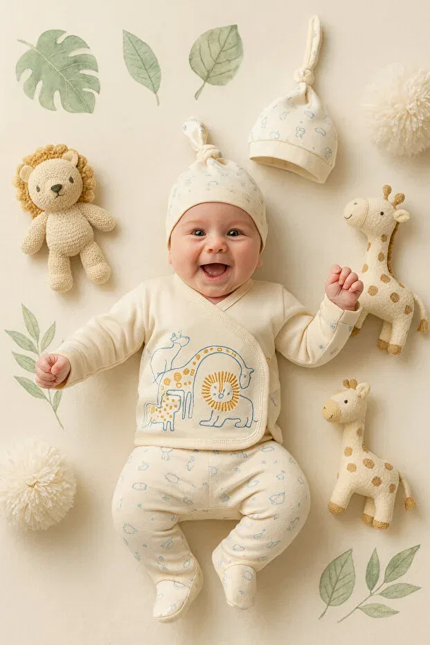 Детский комплект для выписки с халатом и зибином Ozz Baby, Beige Indigo