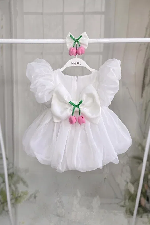 Детское платье для девочек с воздушным рукавом Rose embellished bowknot decorated Bertuğ Bebek, White — фото 2