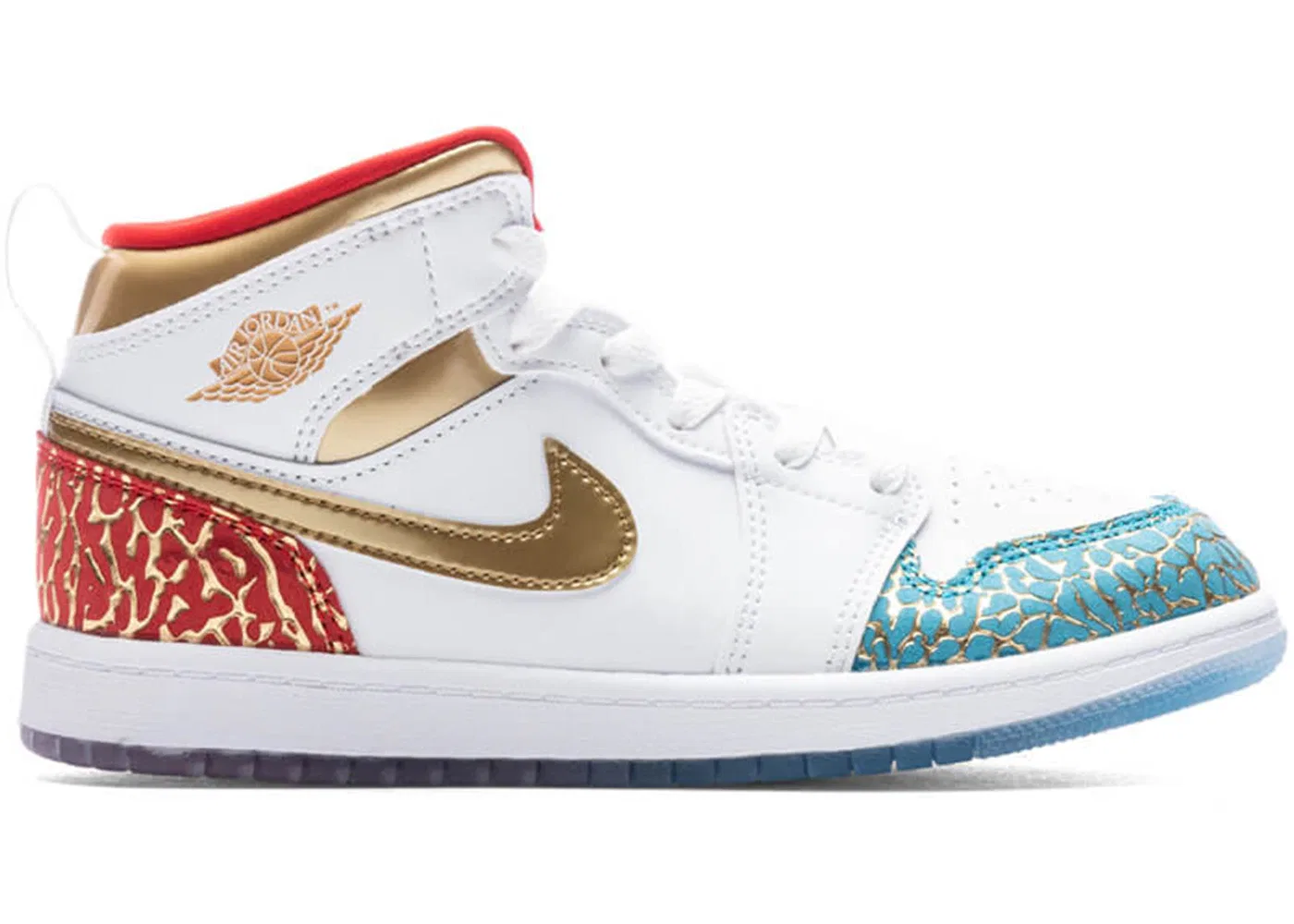 Детские кроссовки для мальчиков с высоким берцем Jordan 1 Mid Jordan, White/University Red/Blue Lightning/Metallic Gold