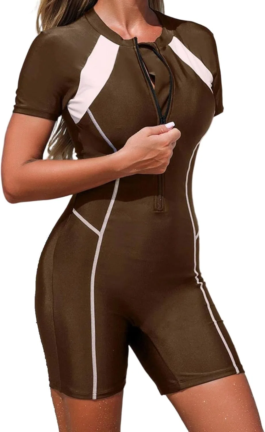 Женский слитный купальник с цветовыми блоками Athletic Boyleg Swimwear, A01 coffee
