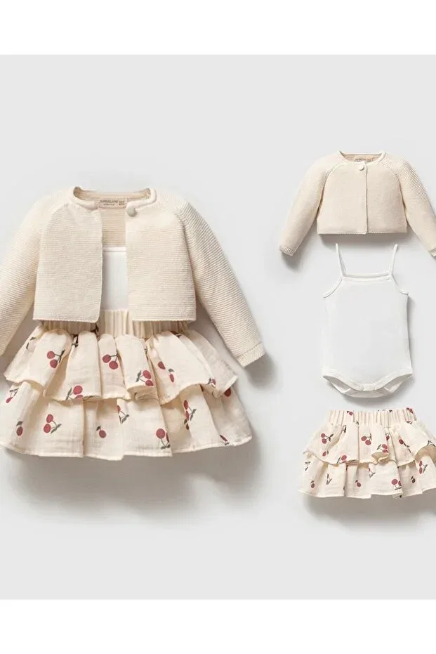 Детский комплект для девочек с цветочным принтом Cherry on top bolero and muslin ruffle skirt 3-piece baby girl set Mert Baby, Nude Color