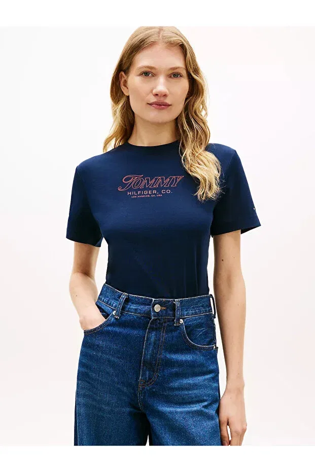Женская хлопковая футболка с принтом Tommy Hilfiger, Navy Blue