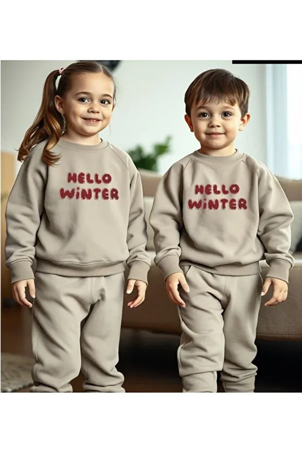 Детский спортивный костюм для девочек с принтом Hello Winter Written Modal Edelweiss, Taupe
