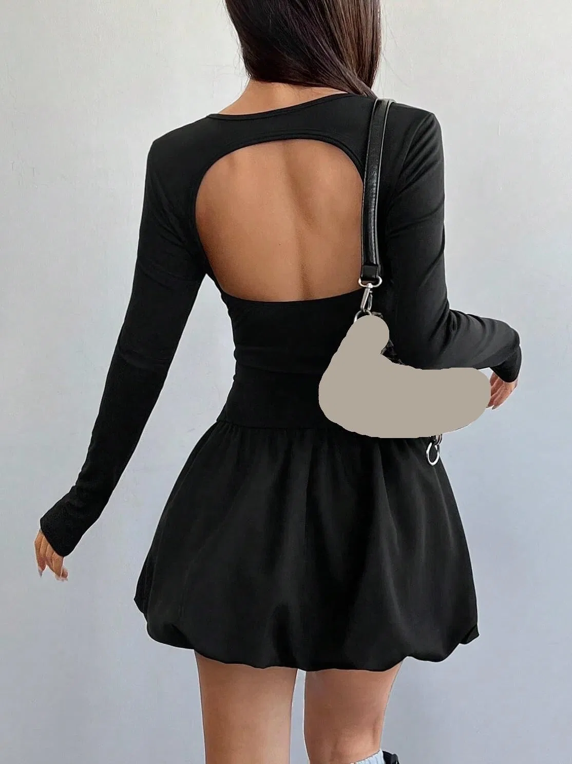 Женское A-силуэта мини-платье с открытой спиной Long Sleeve, Black — фото 3