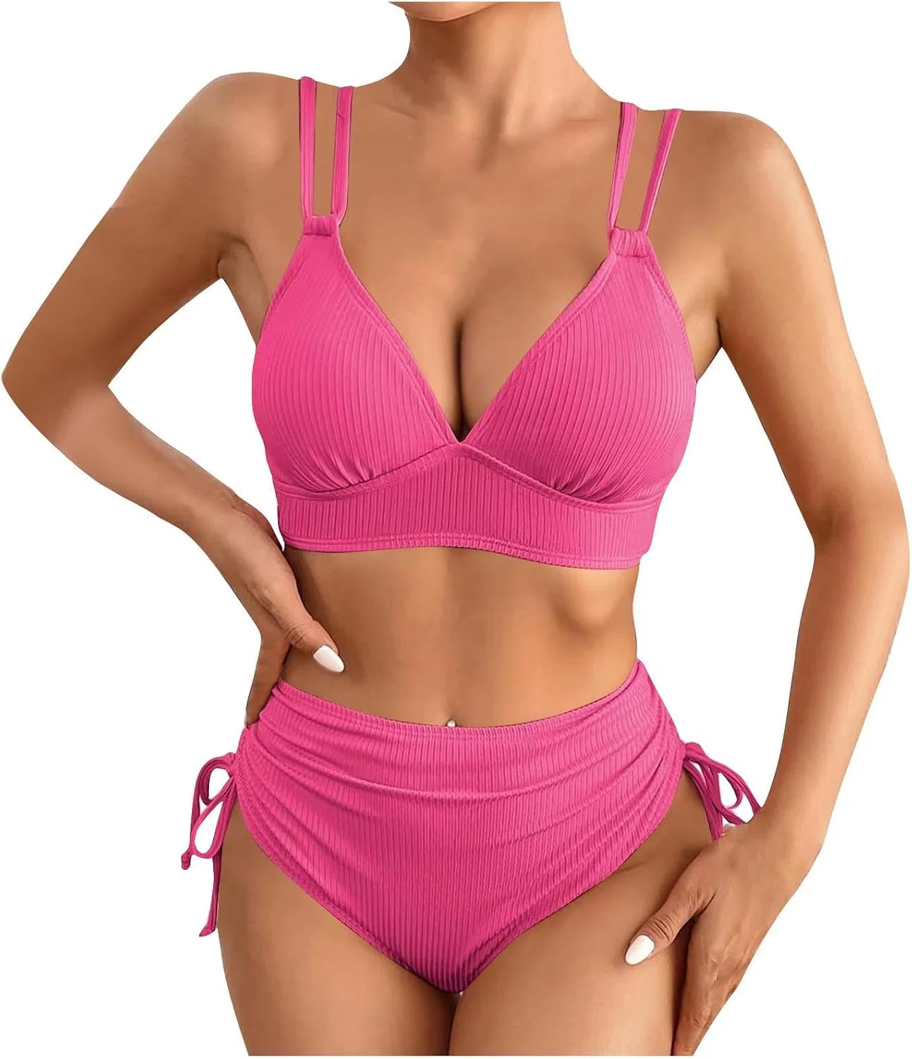 Женский бикини-сет с завышенной талией Ribbed, A01 Hot Pink