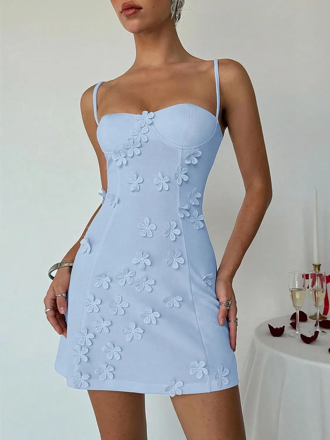Женское A-line мини-платье на бретелях с аппликациями, Blue — фото 4