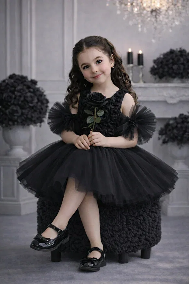Детское платье для девочек с принтом Pompom Sleeves Rose Patterned Tulle Piece Party And Birthday Dress Evening Dress Mixie, Black — фото 4