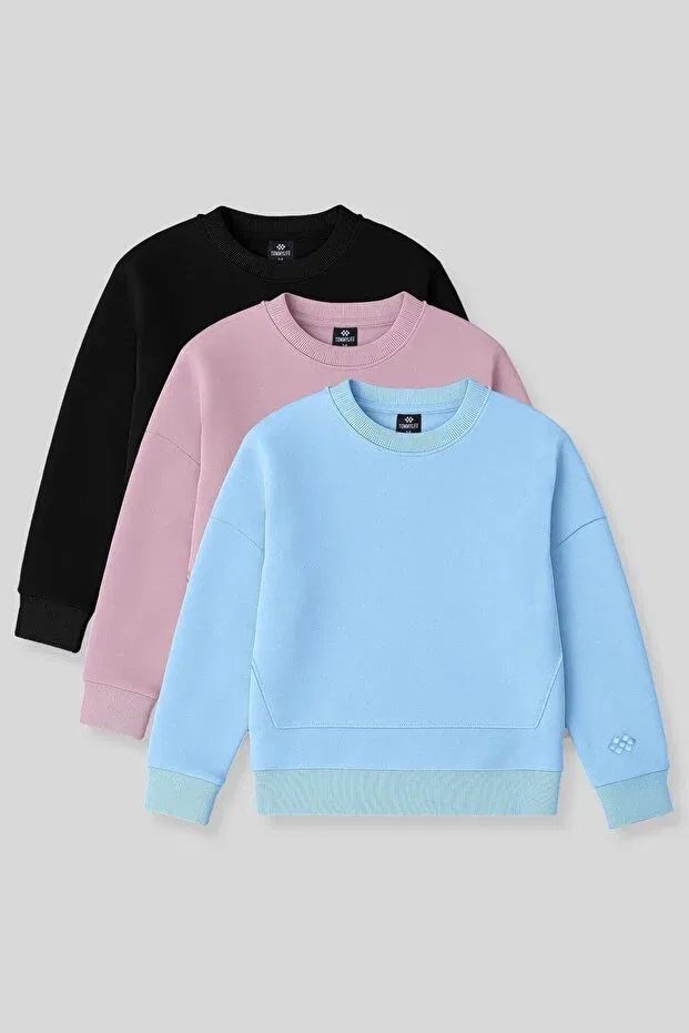 Детские свитшот для девочек с длинным рукавом Oversize 3-pack black-dusty rose-light blue Tommy Life, Black-Light Blue-Dried Rose