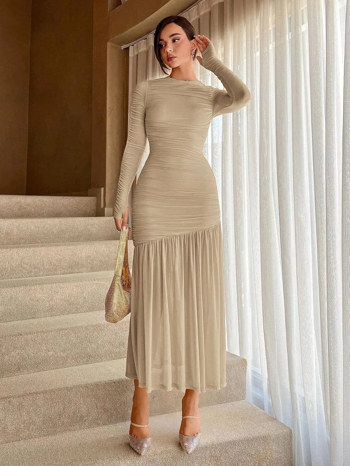 Женское элегантное платье A-силуэта с длинным рукавом, Khaki — фото 2