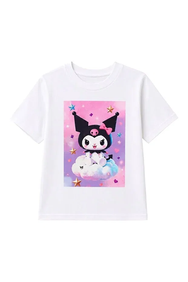 Детский комплект футболок для девочек с принтом Kuromi girl child printed t-shirt + purple kuromi babble hair + face stone 3-piece set Bemora Kids, Purple — фото 4