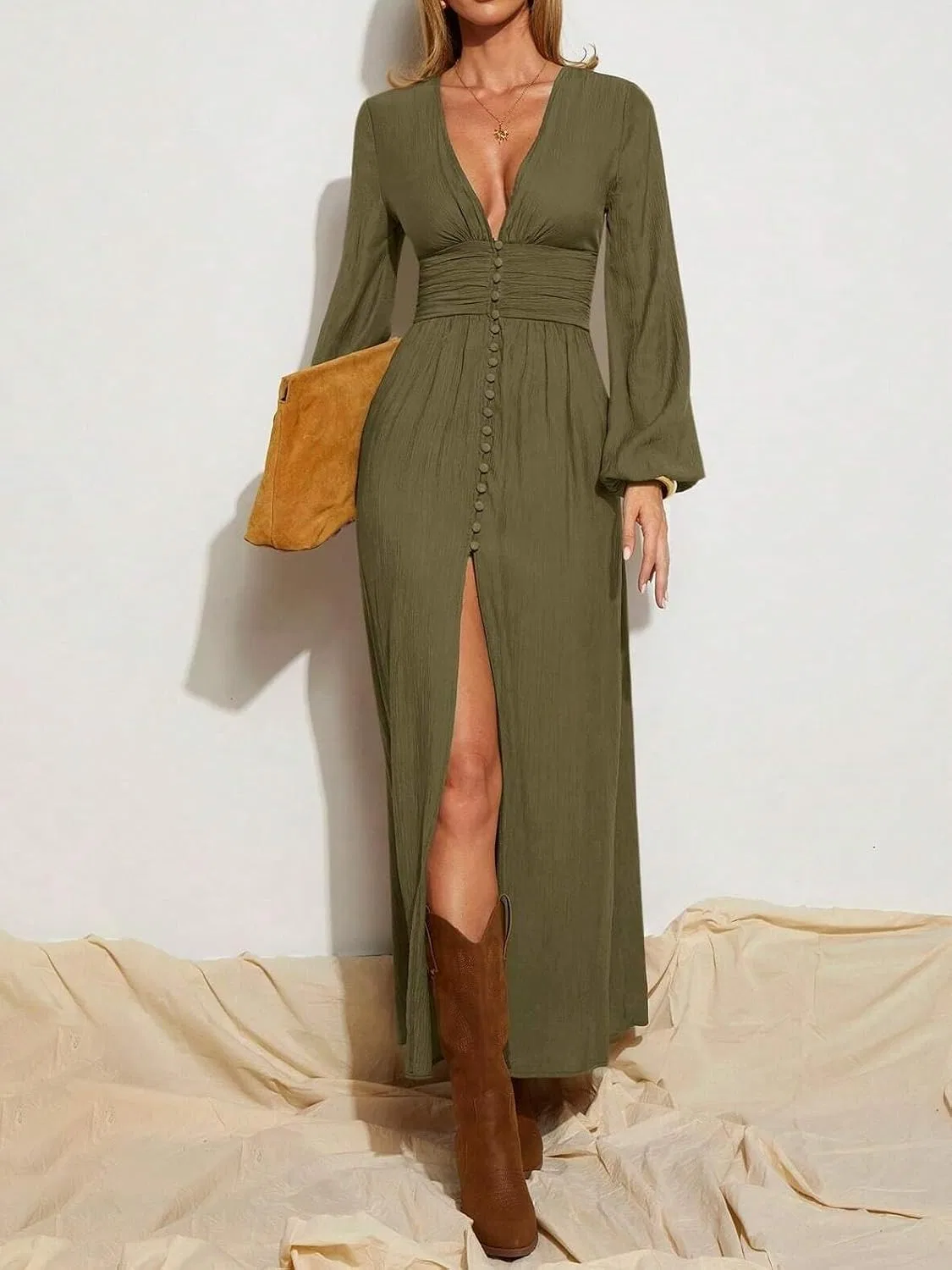 Женское длинное рукава макси платье с высоким разрезом A Line, Army Green — фото 2