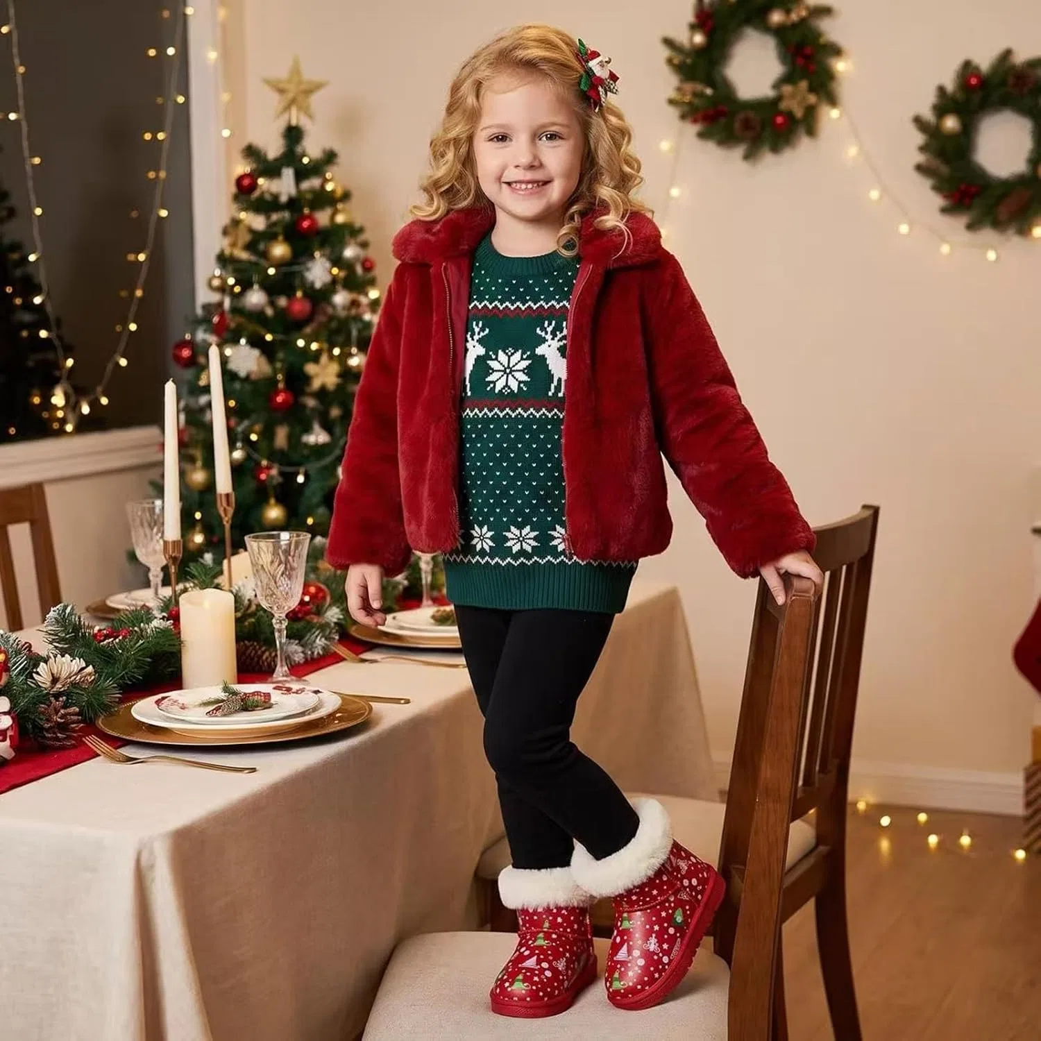 Детские зимние сапоги для девочек с принтом единорога TBIOUSER, Christmas Red — фото 3
