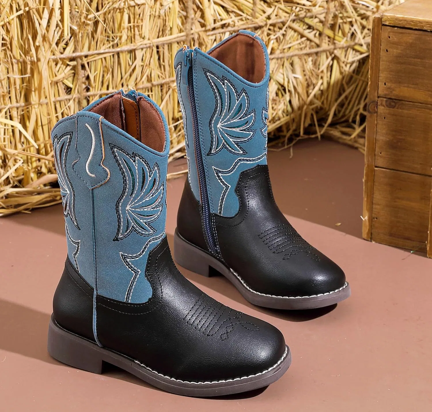 Детские сапоги для девочек с блестками и вышивкой Western DADAWEN, Black/Blue — фото 4