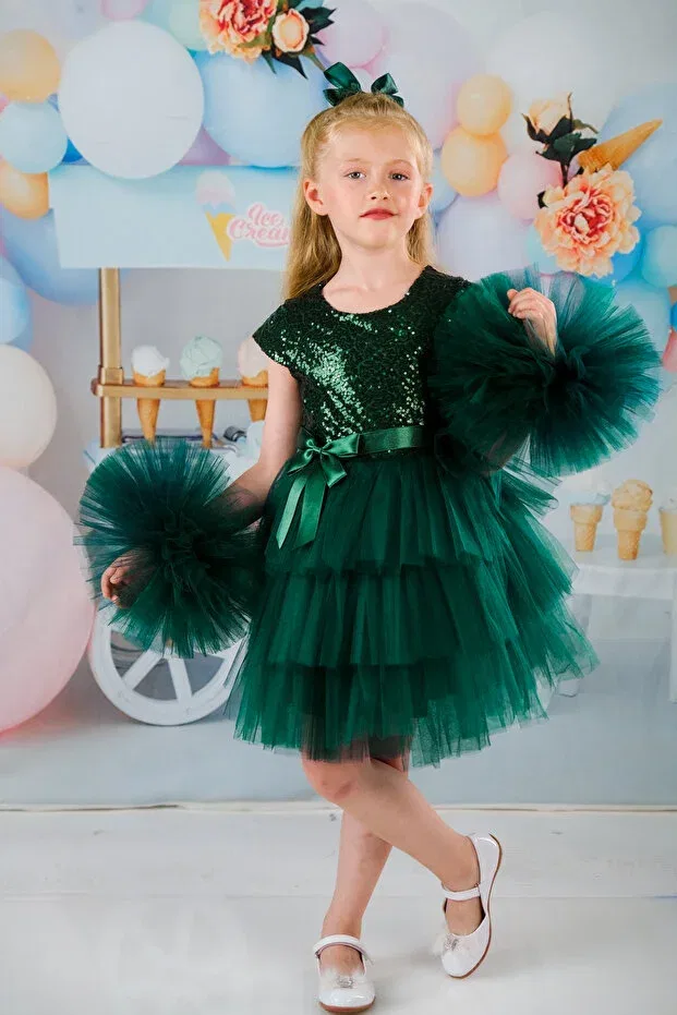 Детское платье для девочек с помпонами Delfini Kids, Green