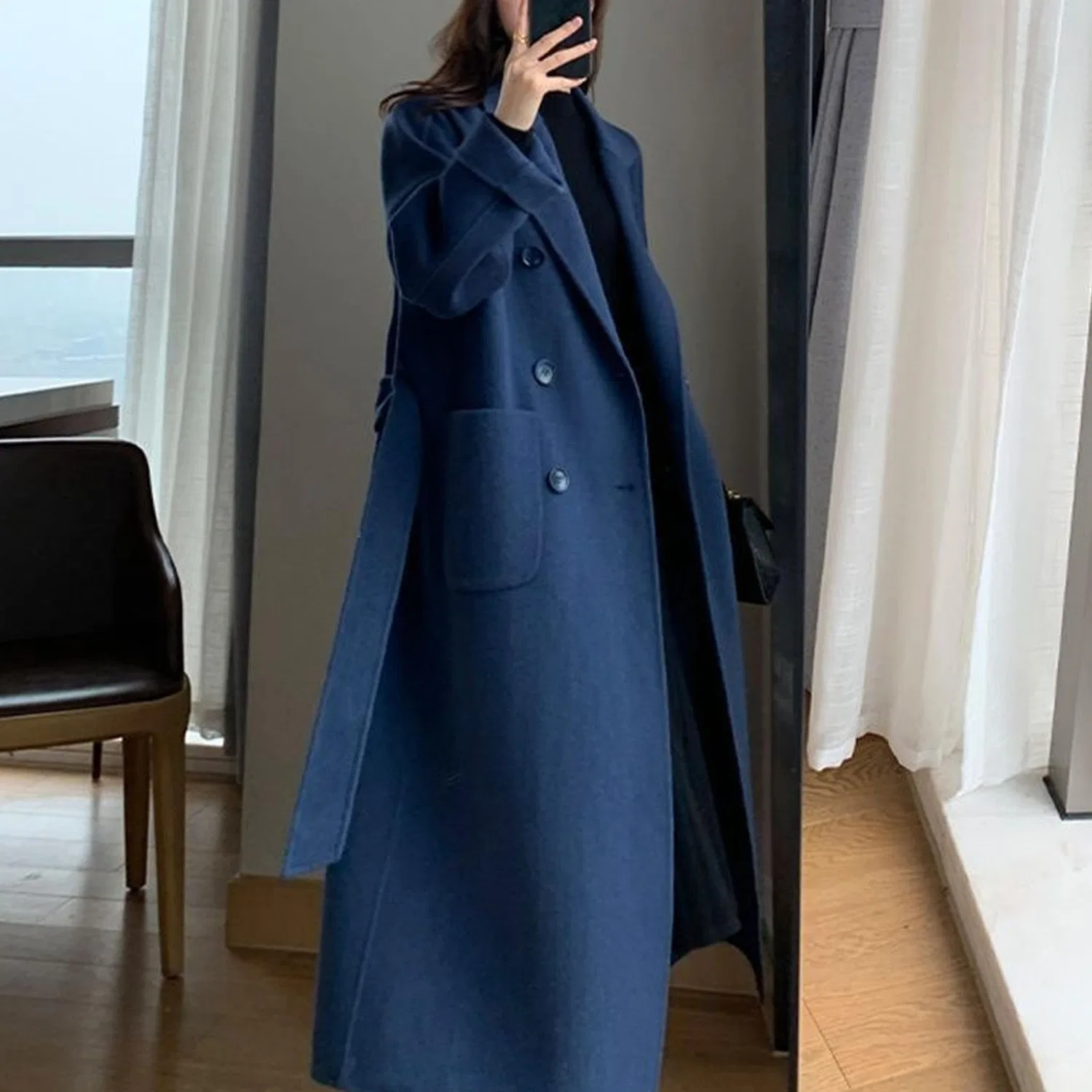 Женское двубортное пальто с поясом из шерстяной смеси, blue navy — фото 2