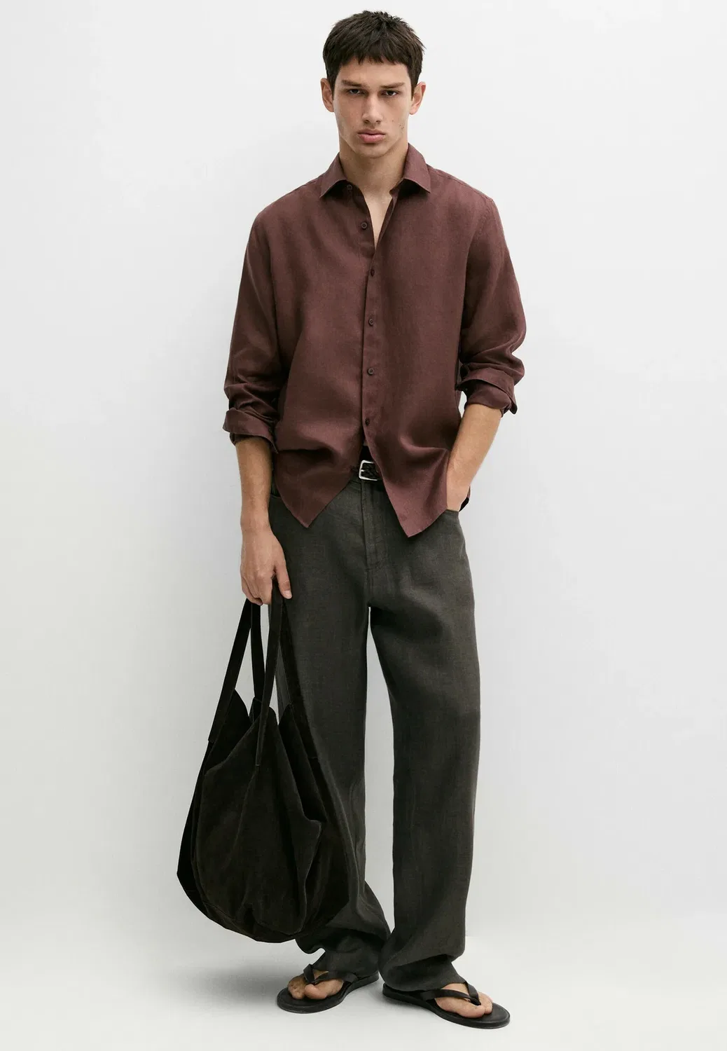 Рубашка приталенного кроя из 100% льна Massimo Dutti, Bordeaux — фото 2