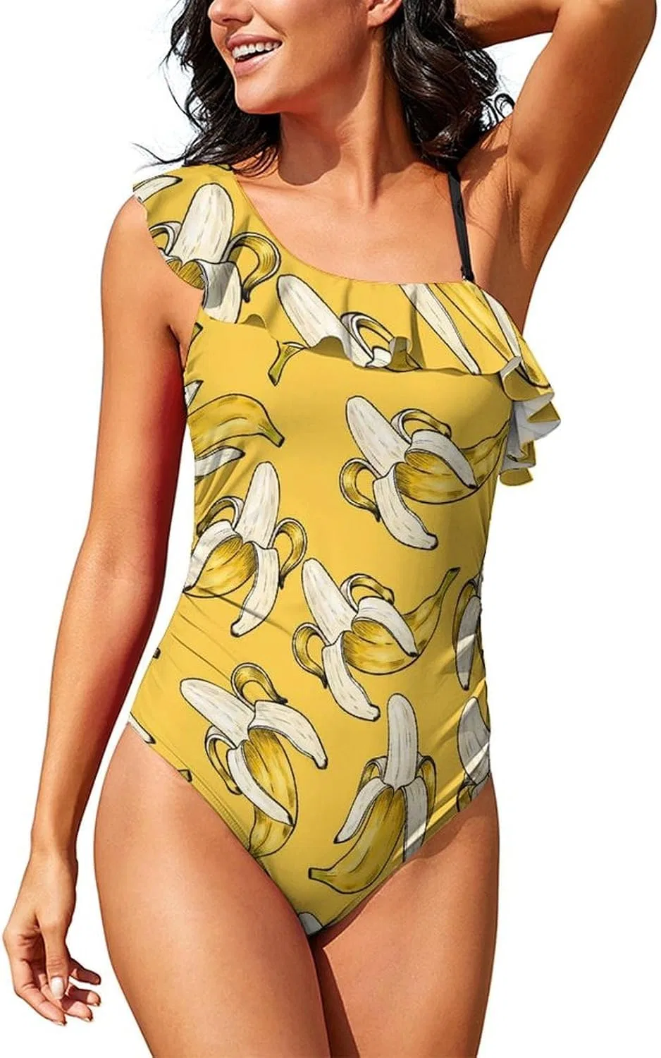 Женский цельнокроеный купальник с одной лямкой и рюшами Yellow Sweet Bananas, Style-2