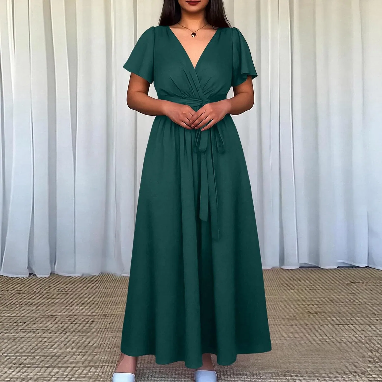 Женское платье-макси с запахом, с принтом, Elegant Dresses for Women Classy Long Formal V Neck Short Sleeve Pleated Wedding Guest Dress with Waist Tie Back Tie, тёмно-зелёный — фото 2