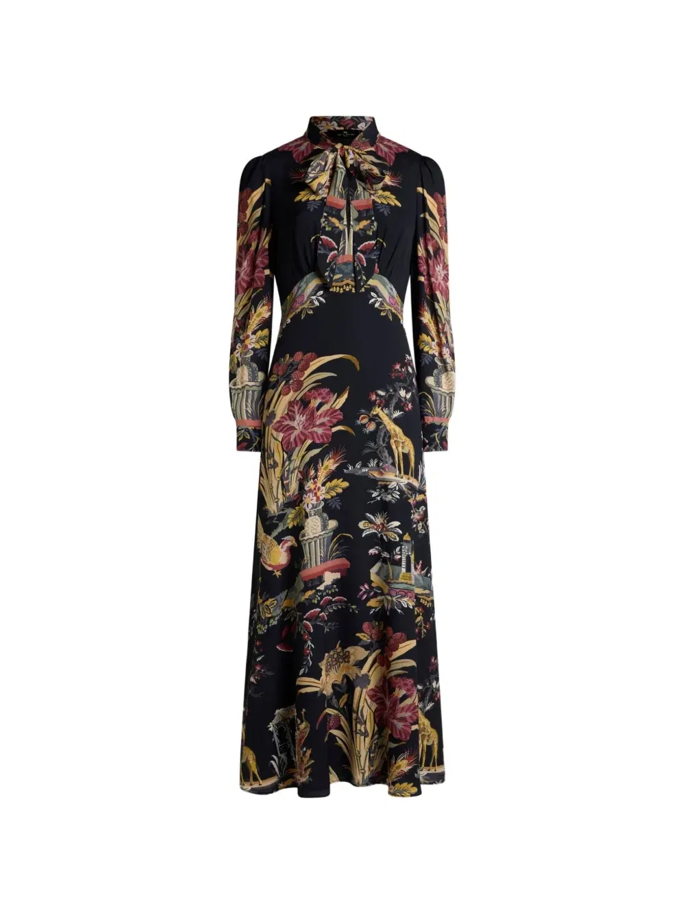 Длинное платье с шелковым шарфом и размещенными цветочными и живными принтами Etro, черный